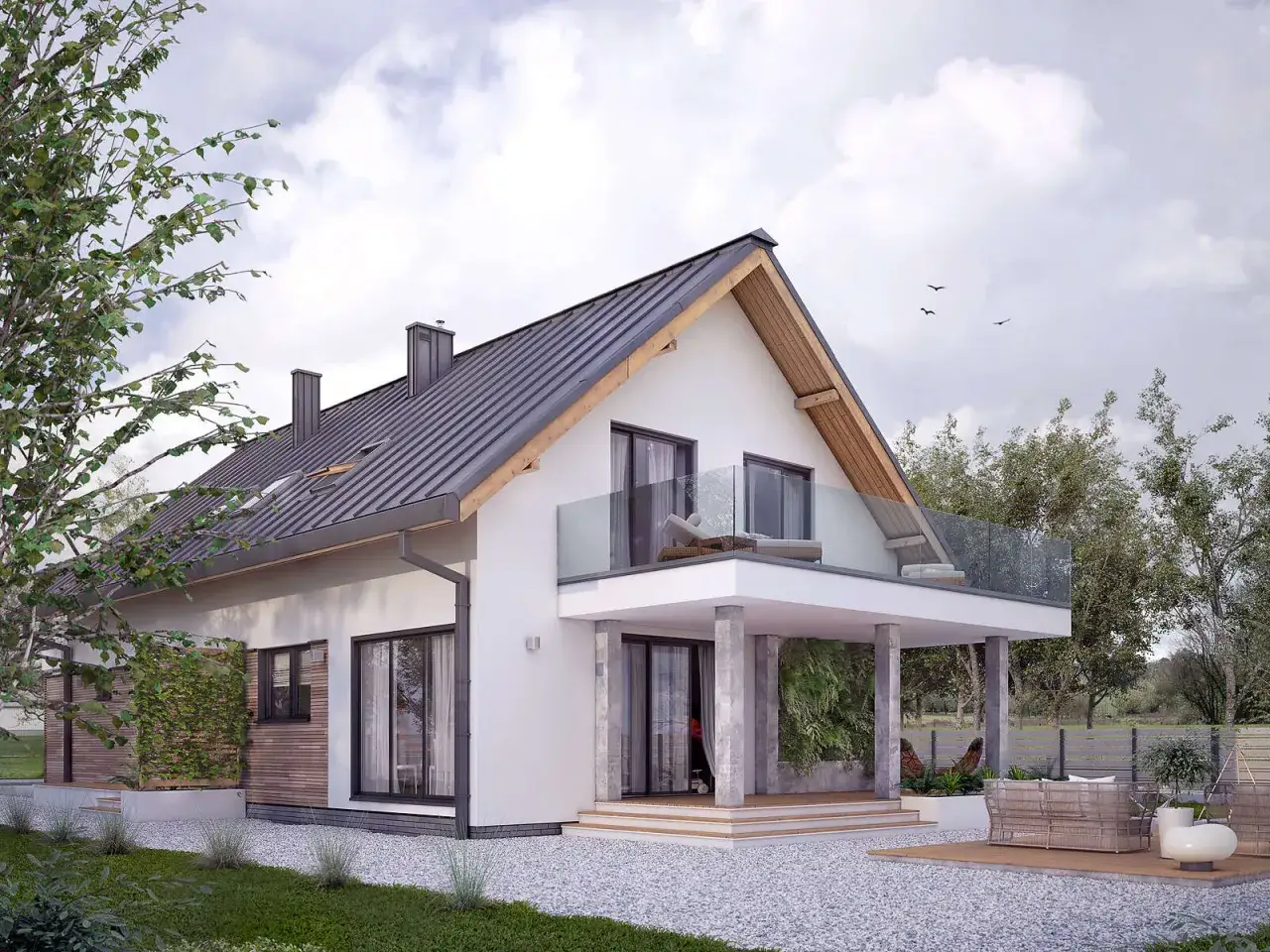 Nowoczesny dom z drewnianym tarasem na piętrze. Projekt uwzględnia szklane balustrady i wygodne meble wypoczynkowe.