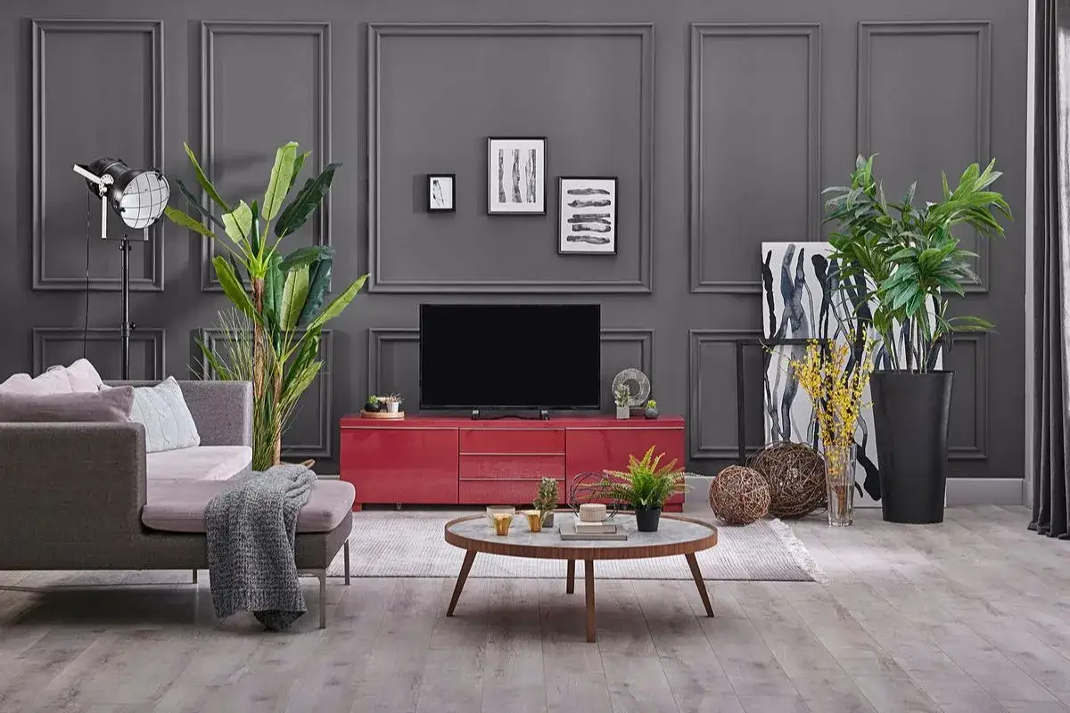 Nowoczesny salon w odcieniach kolor antracyt i grafit. Szara kanapa, czerwona szafka RTV, stolik kawowy i rośliny tworzą elegancką przestrzeń.