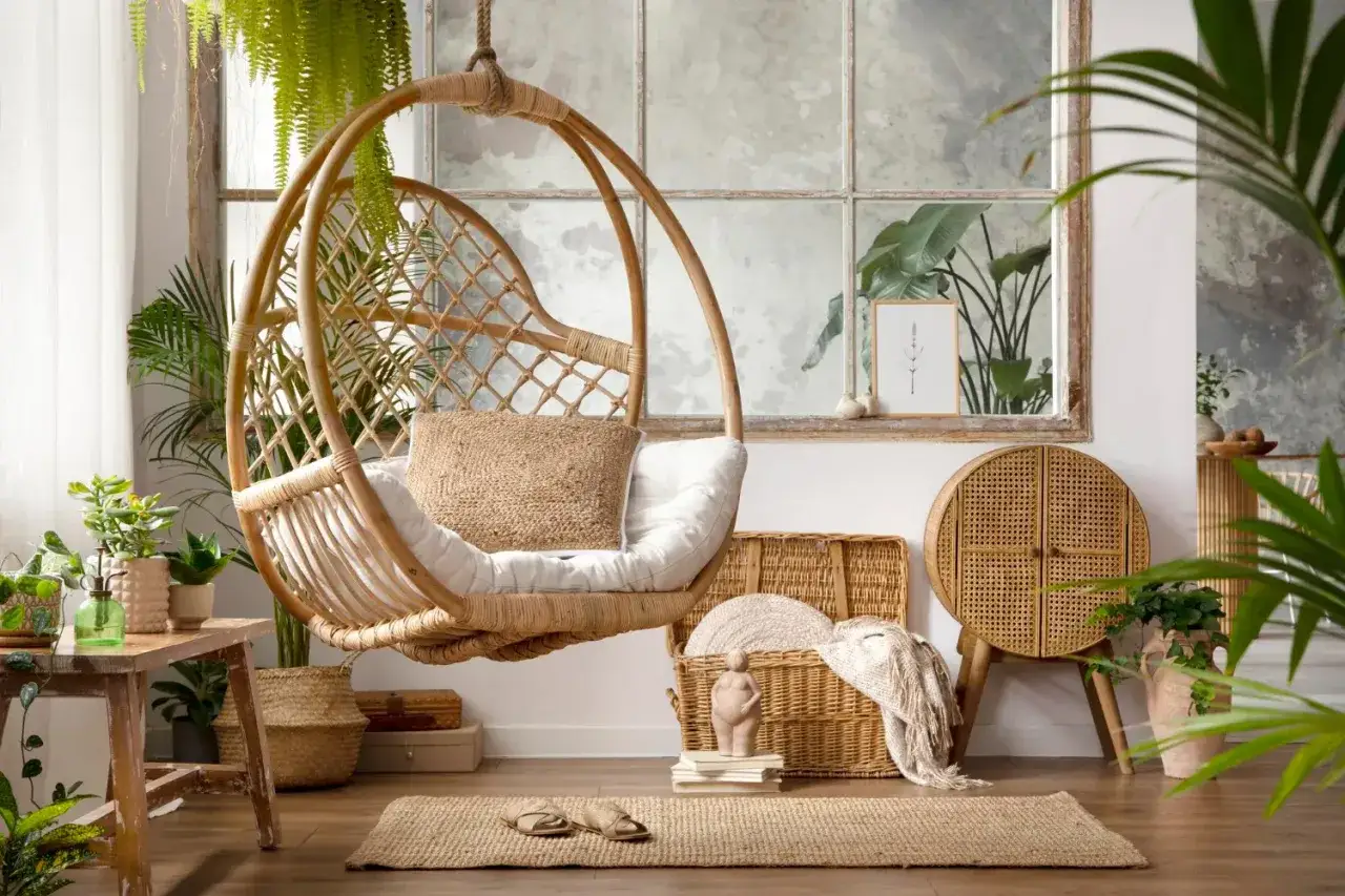Relaks w boho stylu: wiszący fotel z wikliny, kosze wiklinowe inspiracje, rośliny i naturalne materiały tworzą przytulną przestrzeń.