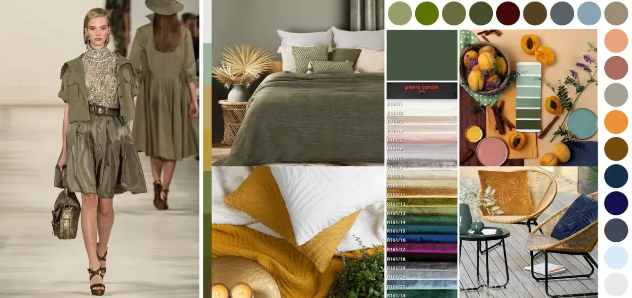 Inspiracje kolorystyczne: jaki kolor pasuje do khaki? Od mody po wnętrza, paleta barw z brzoskwiniami, zielenią i złotem.