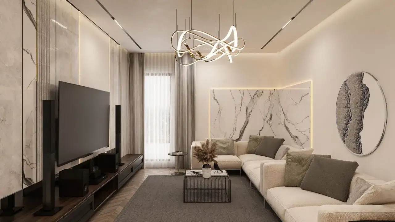 Nowoczesne oświetlenie do salonu aranżacje: elegancki salon z marmurowymi akcentami, wygodną kanapą i designerską lampą.