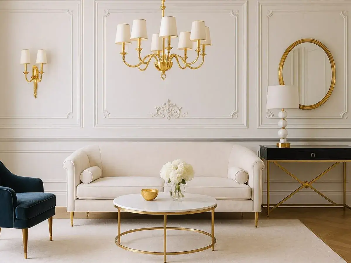 Eleganckie wnętrze w stylu glamour: kremowa sofa, granatowy fotel, złota lampa i okrągłe lustro.