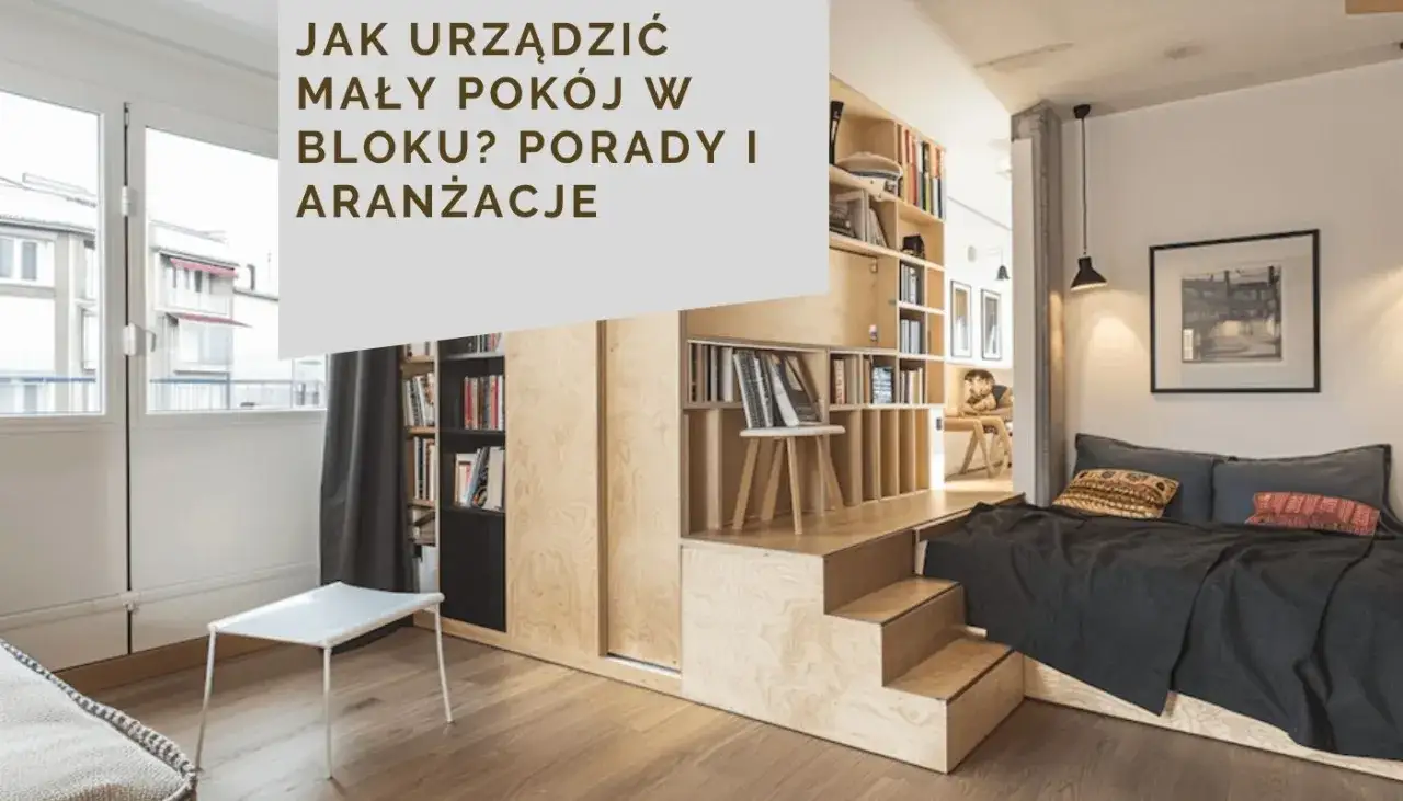 Jak urządzić bardzo mały pokój w bloku? Wnętrze z podniesionym łóżkiem, schodkami i regałami na książki.