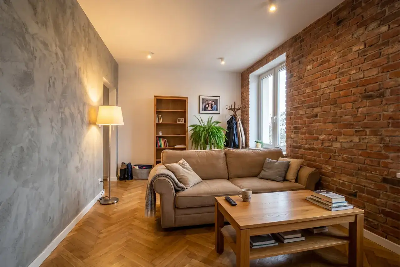 Nowoczesny salon z kanapą, ceglaną ścianą i efekt betonu na ścianie tanio.