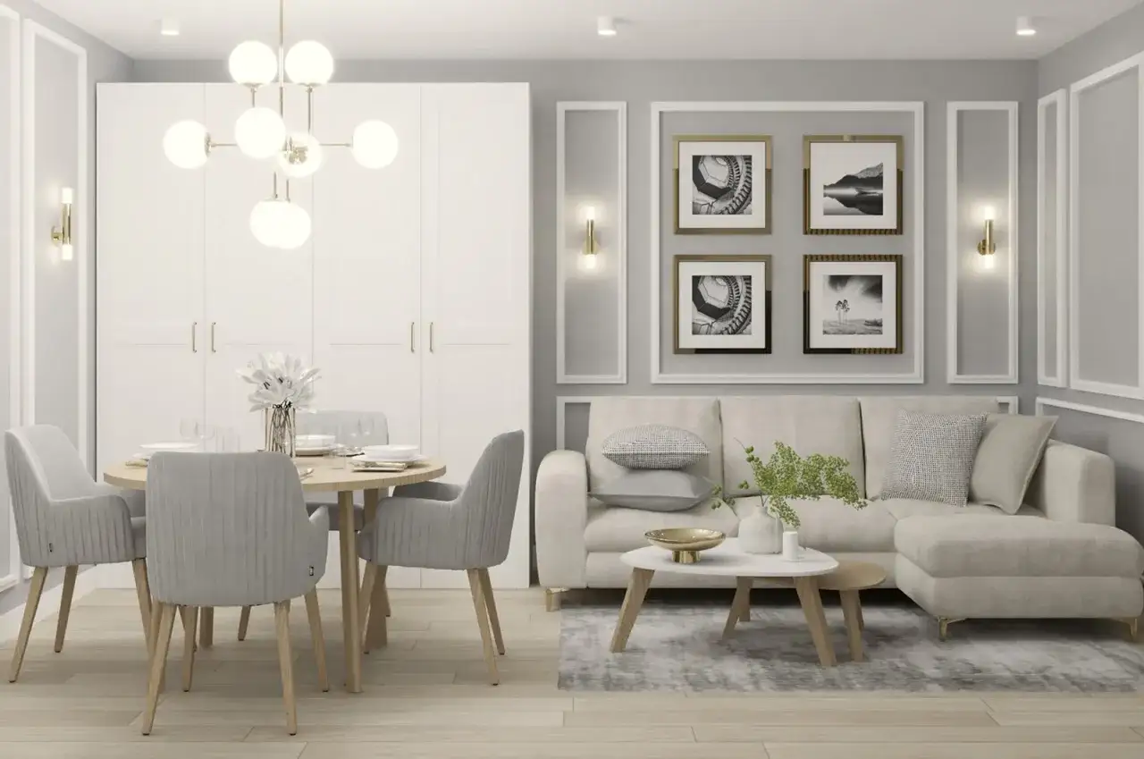 Nowoczesny salon z jadalnią. Jak rozmieścić oświetlenie w salonie? Wisząca lampa nad stołem, kinkiety przy ścianie i lampa podłogowa tworzą przytulną atmosferę.