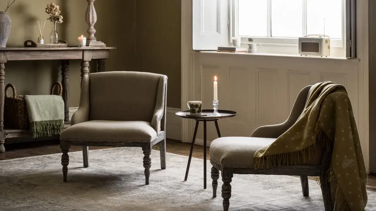 Przytulny salon w stylu angielskim: dwa fotele, stolik z zapaloną świecą, kosz z kocem i stylowy mebel. Inspiracje dla Twojego wnętrza.