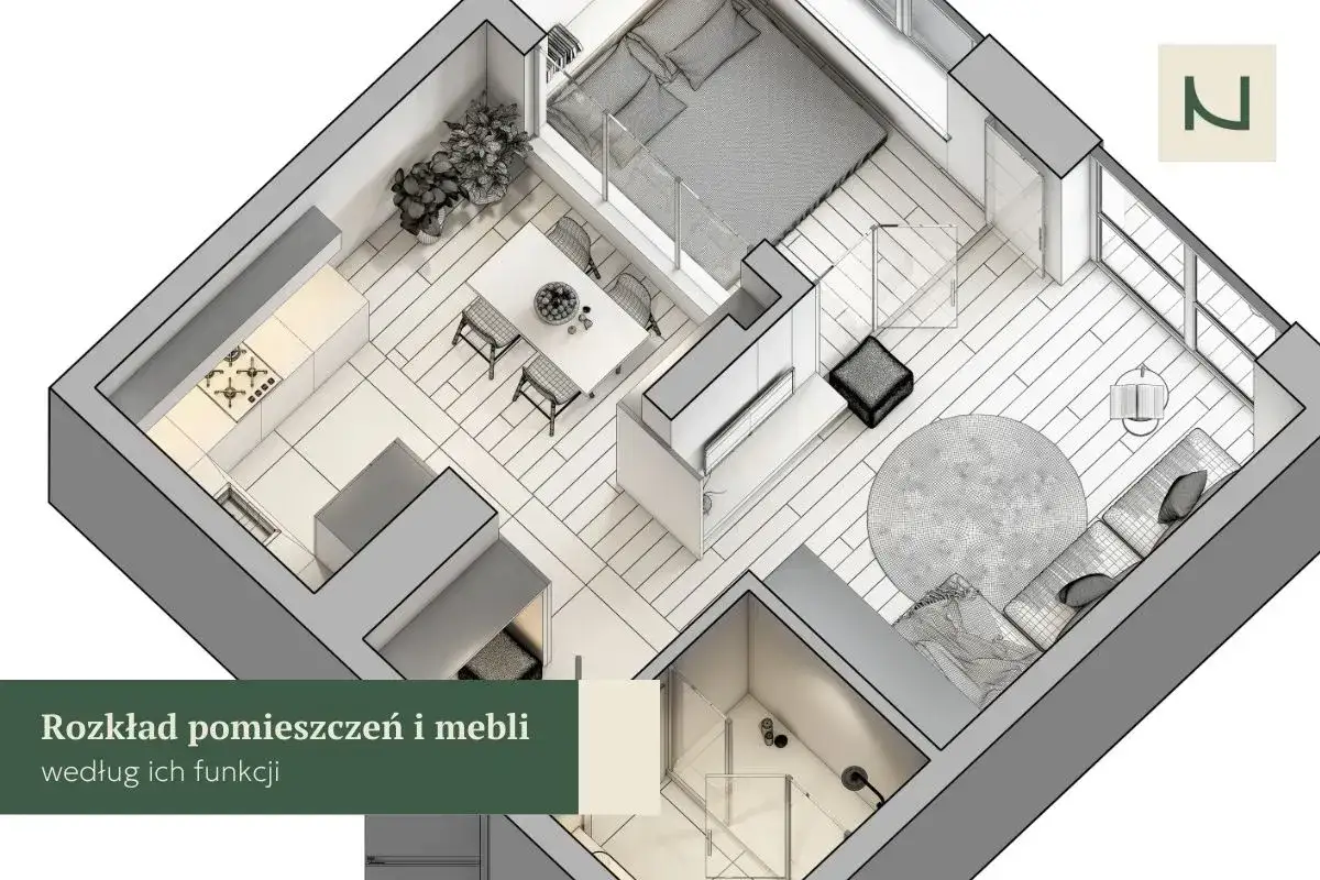 Projekt mieszkania w bloku z elementami feng shui: kuchnia, jadalnia, salon i sypialnia.