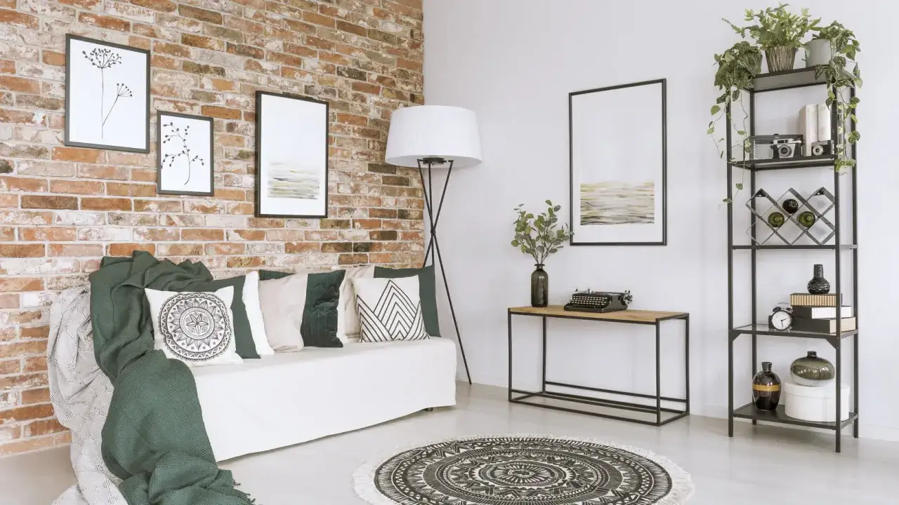 Nowoczesny salon z sofą, dywanem i regałem. Widoczna jest cegła w salonie, tworząca industrialny klimat.