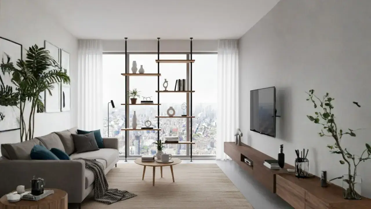 Nowoczesny salon prostokątny jak urządzić: szara sofa, drewniana komoda, regał z dekoracjami i widok na miasto.
