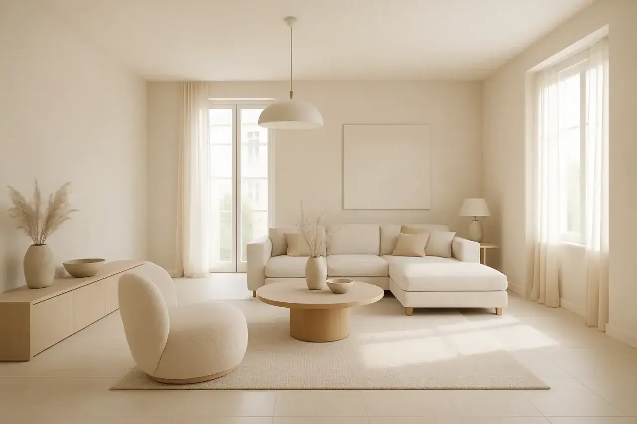 Jasny salon w odcieniach koloru szampańskiego. Miękka sofa, okrągły stolik i fotel tworzą przytulną przestrzeń.