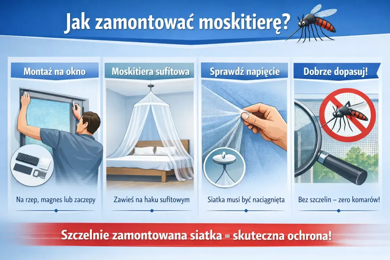 Instrukcja montażu moskitiery okiennej: na rzep, magnes lub zaczepy. Zawieś na haku sufitowym, sprawdź napięcie siatki. Bez szczelin – zero komarów!