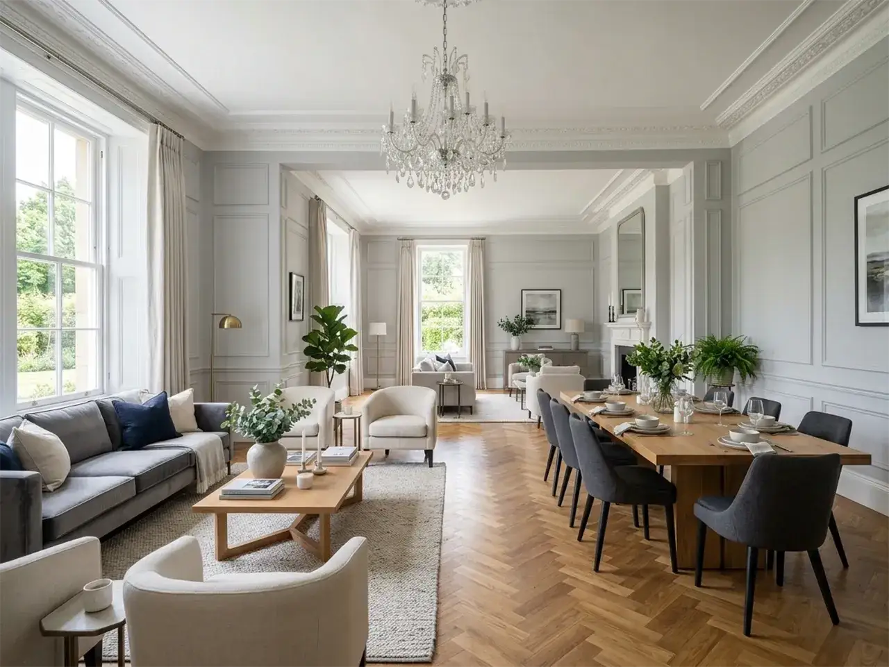 Elegancki salon w stylu angielskim: inspiracje z szarą sofą, drewnianym stołem i kryształowym żyrandolem.