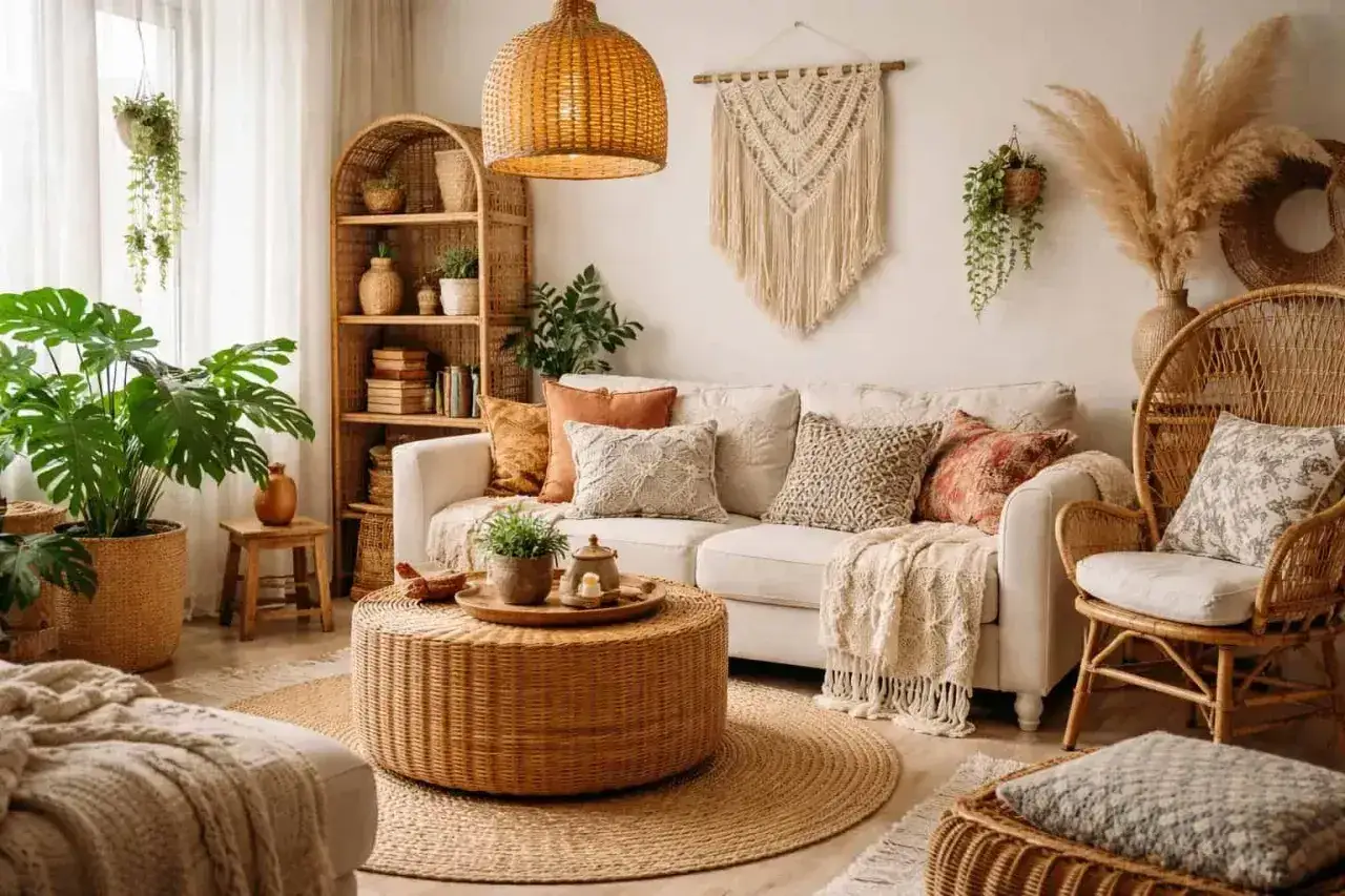 Przytulny salon w stylu boho. Wygodna sofa, rattanowe meble, makrama na ścianie i mnóstwo zielonych roślin tworzą relaksującą atmosferę.