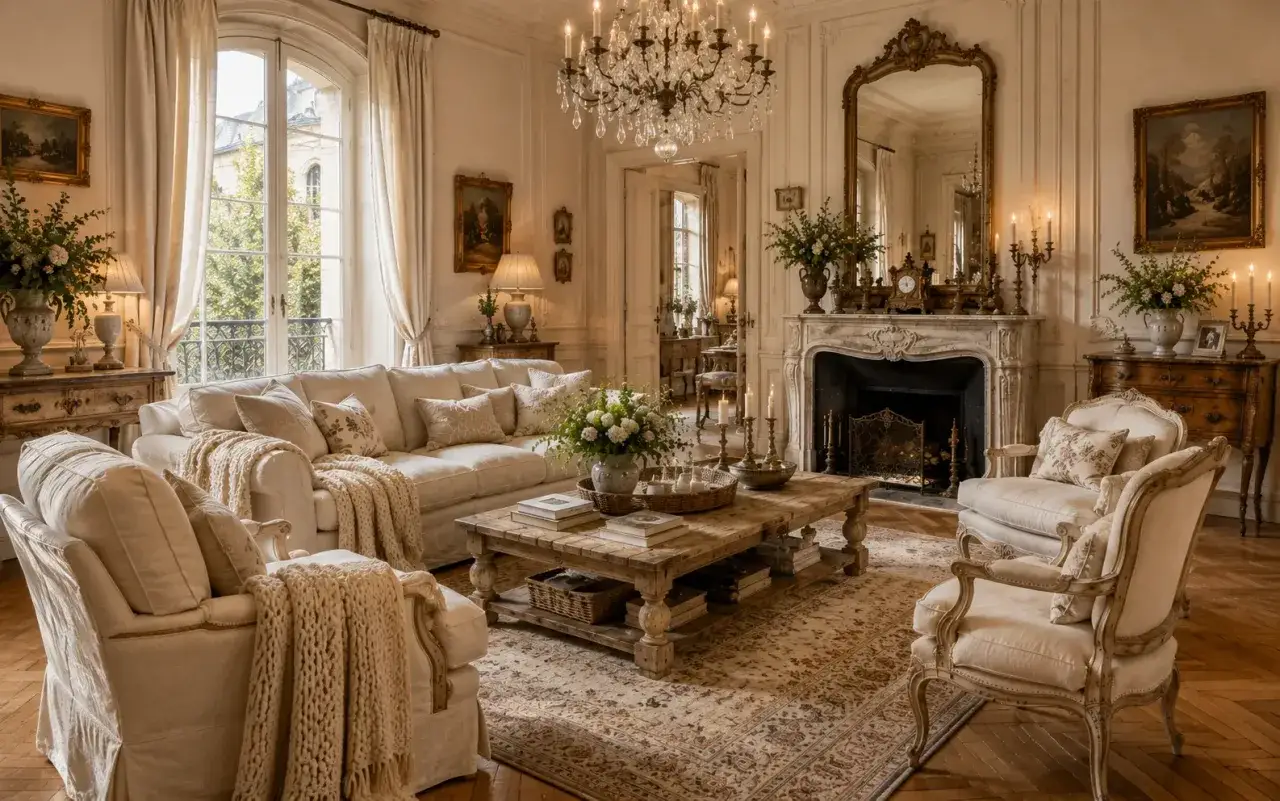 Elegancki salon w stylu francuskim, z wygodną sofą, kominkiem i kryształowym żyrandolem.