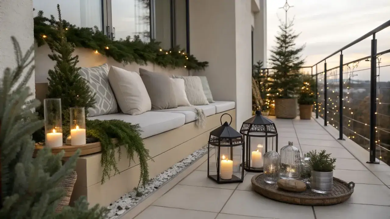 Przytulny zimowy balkon z choinkami, świecami i lampkami tworzy magiczną atmosferę.