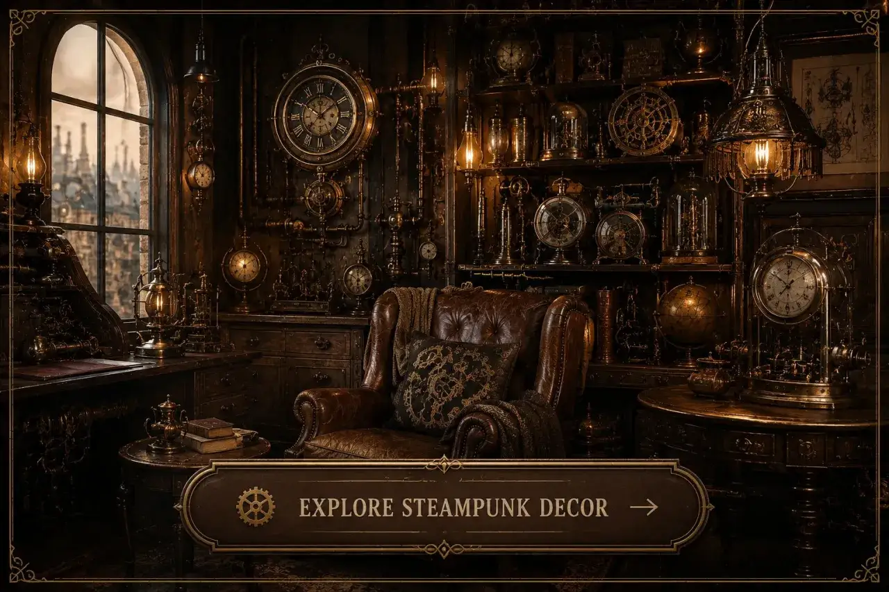 Wnętrze w stylu steampunk: skórzany fotel, zegary, mechanizmy i lampy. To jest steampunk, co to za styl?