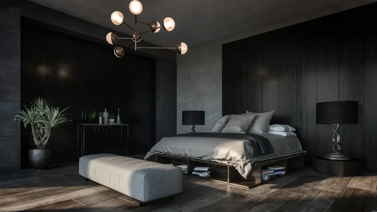 Nowoczesna, czarna sypialnia z łóżkiem na podeście, designerską lampą i rośliną.