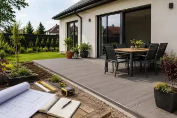 Planowanie budowy tarasu na filarach. Na stole leżą plany, notatnik i miarka. Nowoczesny taras z meblami ogrodowymi przylega do domu.